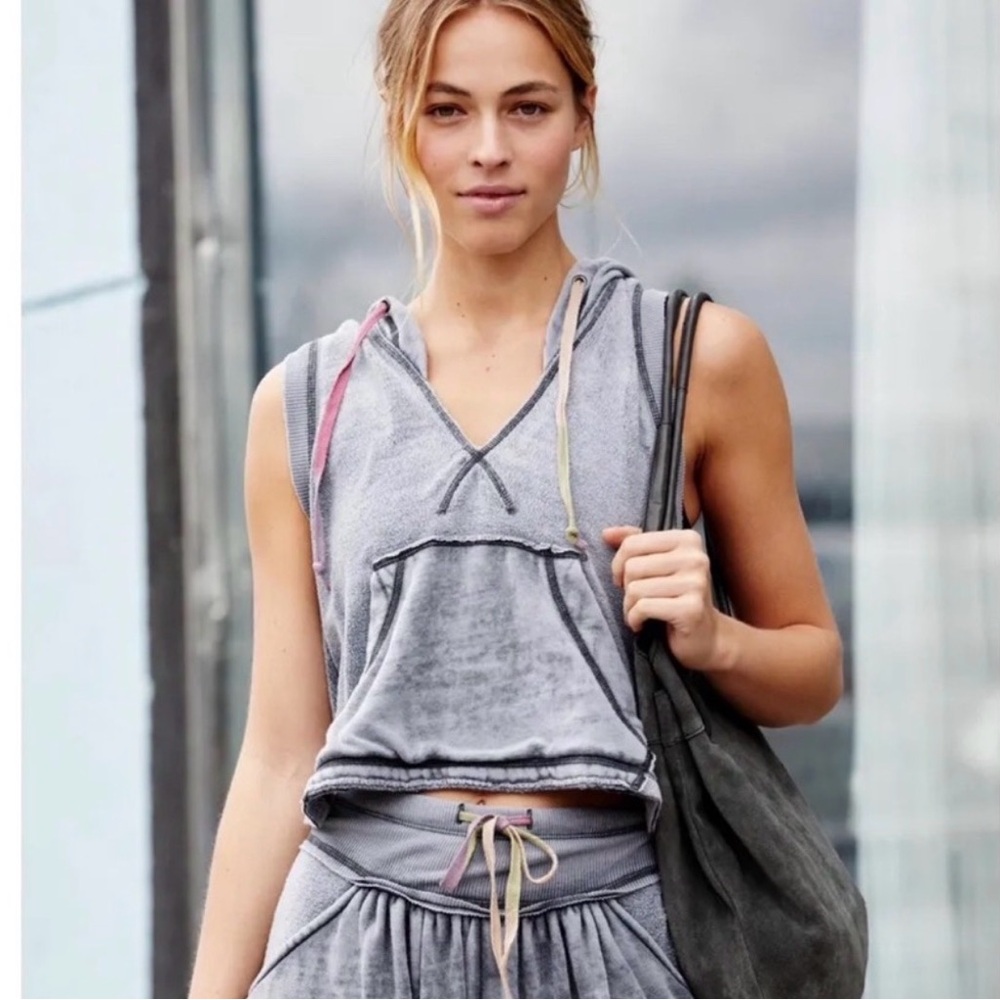 Free People Gray Sleeveless Hooded Crop Tank with Multicolor Drawcords